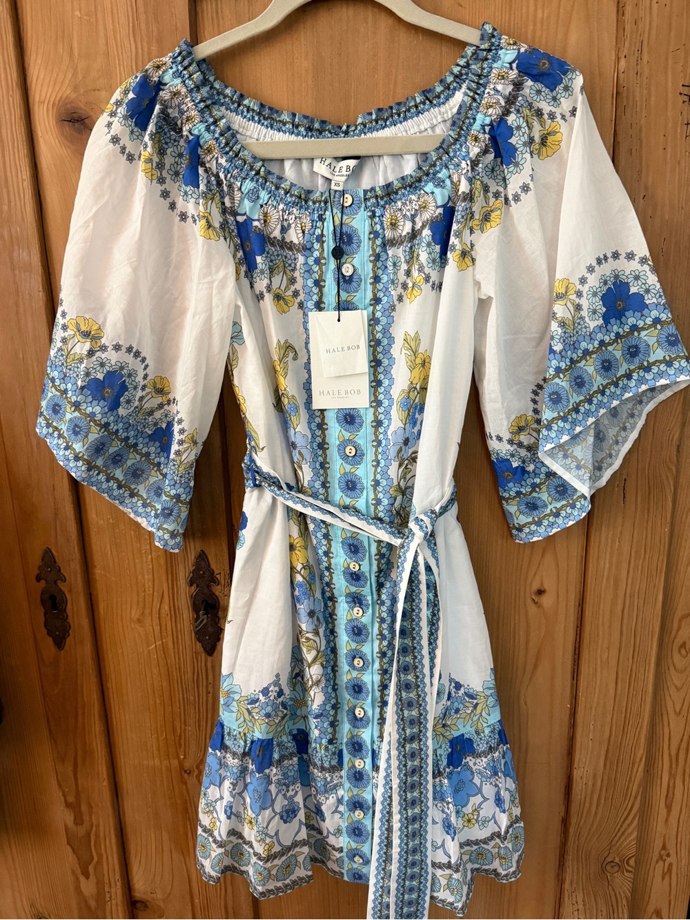 Hale Bob White Floral Mini Dress with Blue and Yellow Accents